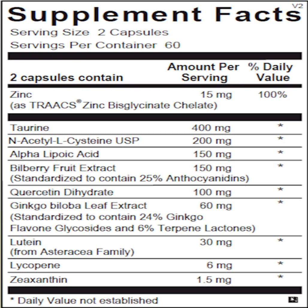 Ingredients list of Ortho Molecular 4Sight showing zinc, lutein, zeaxanthin, bilberry extract and antioxidants
