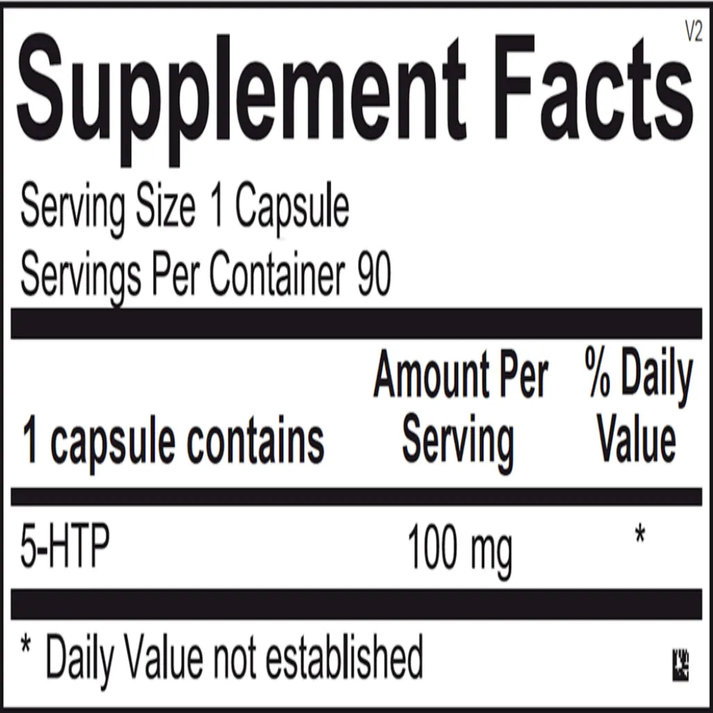 Ingredients panel of Ortho Molecular 5-HTP 100 mg showing 5-Hydroxytryptophan and capsule components