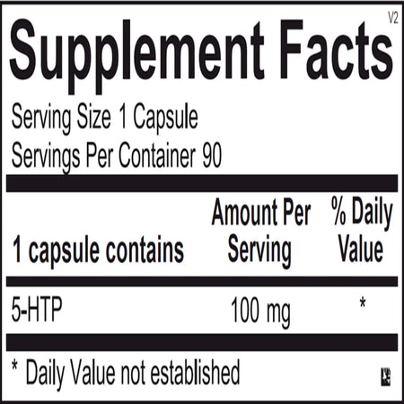 Ingredients panel of Ortho Molecular 5-HTP 100 mg showing 5-Hydroxytryptophan and capsule components
