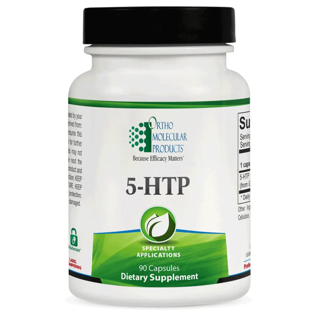 Ortho Molecular 5-HTP 100 mg supplement bottle for mood support, serotonin production and sleep wellness