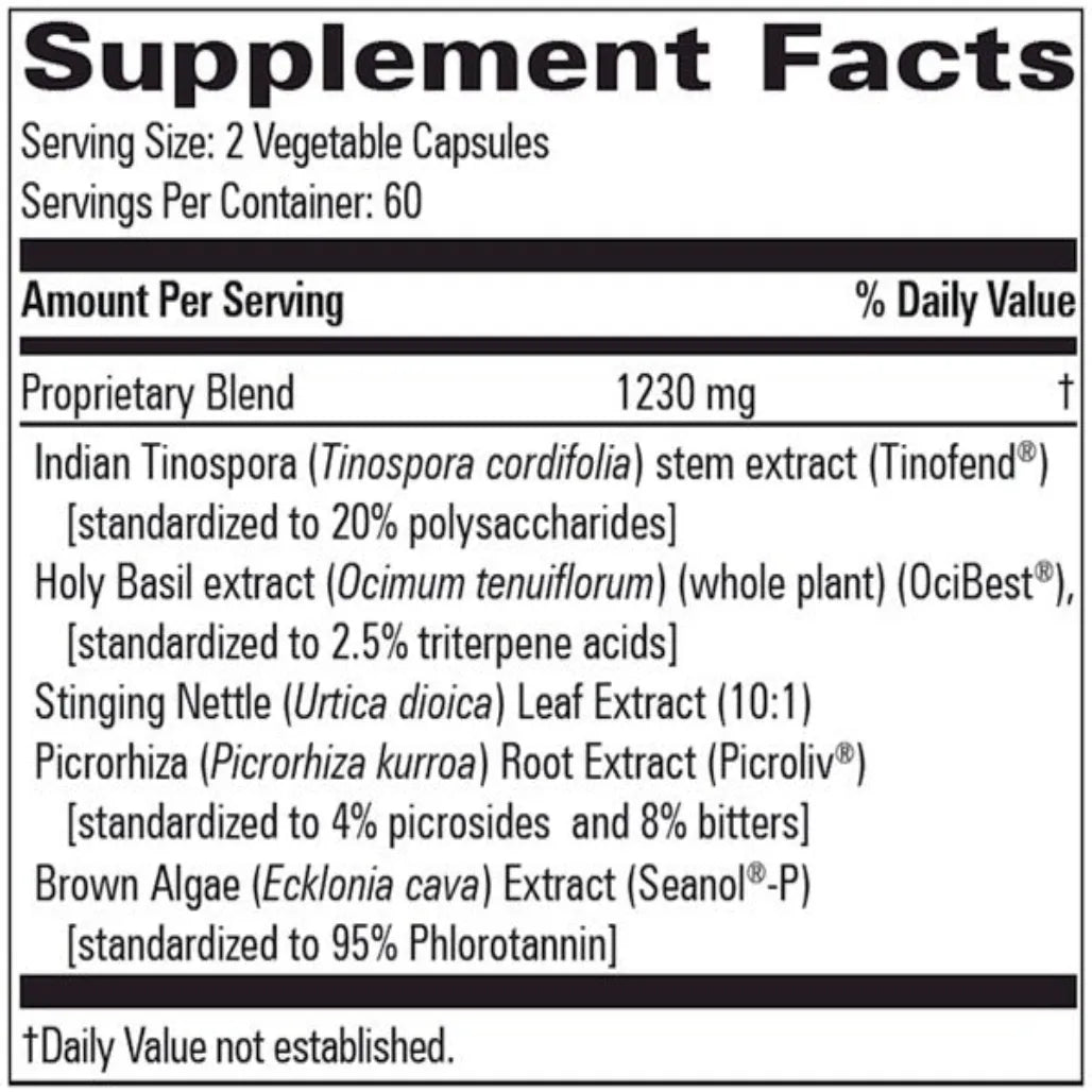 Allergy Modulator supplement facts label showing Tinospora holy basil and botanical ingredients