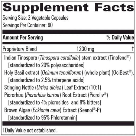 Allergy Modulator supplement facts label showing Tinospora holy basil and botanical ingredients
