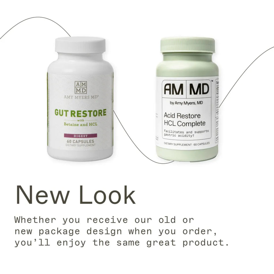 Acid Restore HCL Complete by Amy Myers MD, a 60-capsule supplement designed to facilitate and support gastric acidity.