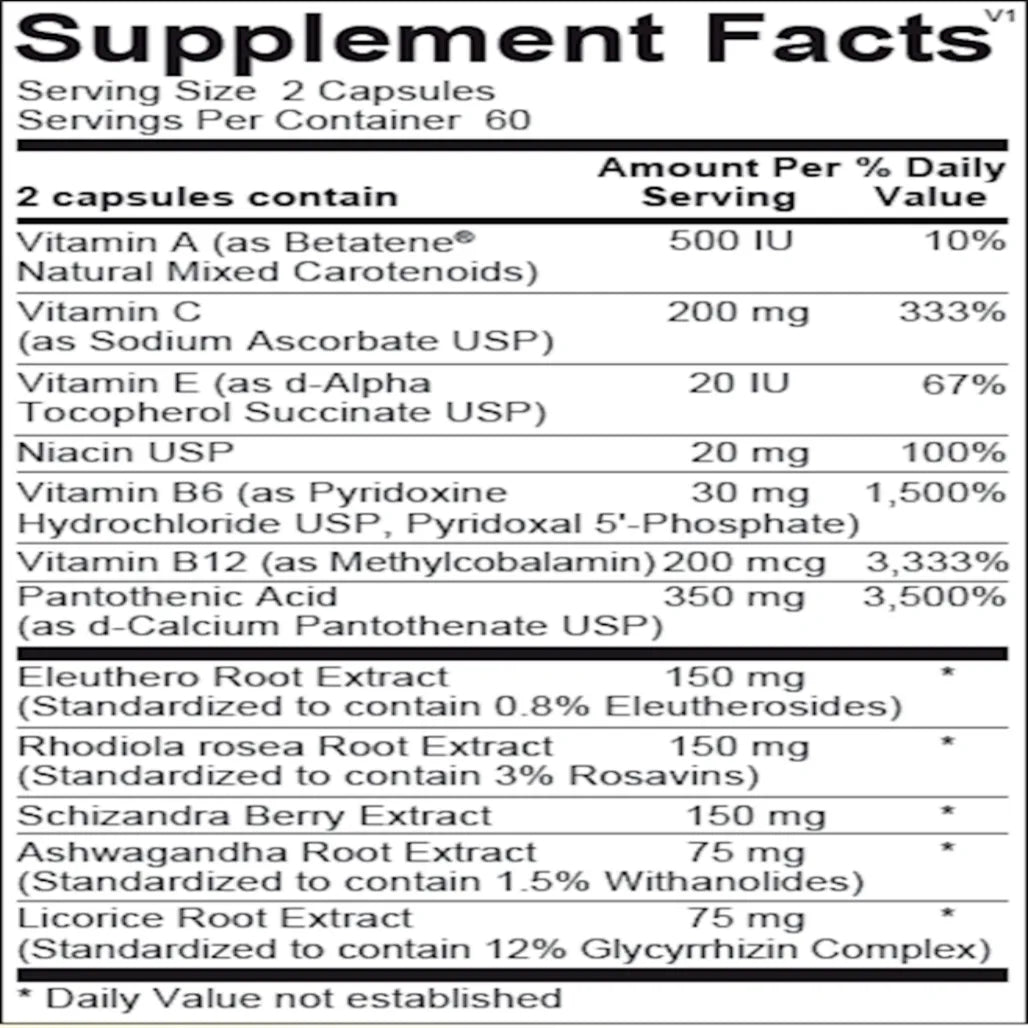 Supplement facts for Adapten-All with Rhodiola, Eleuthero, Schisandra, ashwagandha, B vitamins and vitamin C