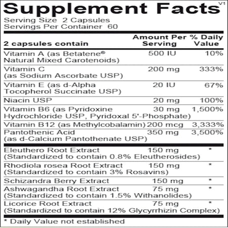 Supplement facts for Adapten-All with Rhodiola, Eleuthero, Schisandra, ashwagandha, B vitamins and vitamin C