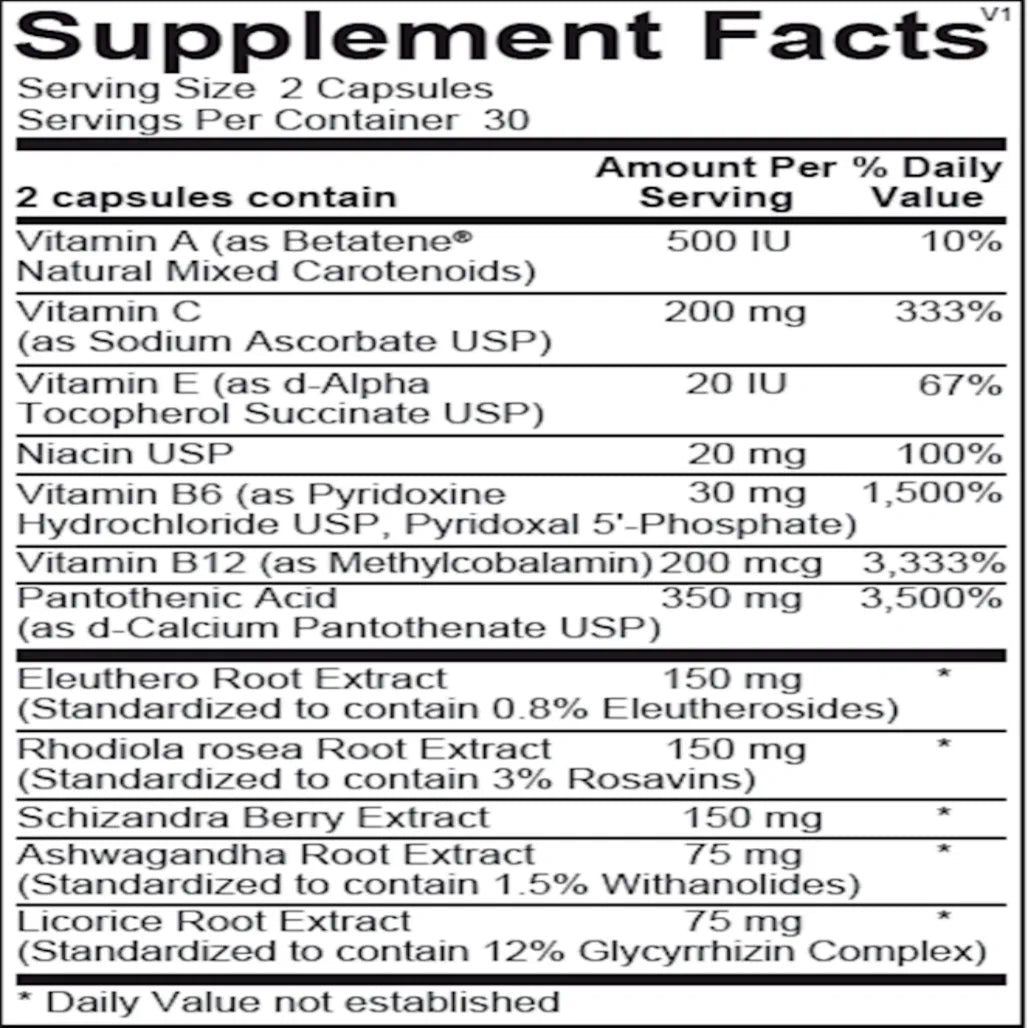 Ingredients panel of Ortho Molecular Adapten-All showing vitamins, adaptogens and stress-support botanicals