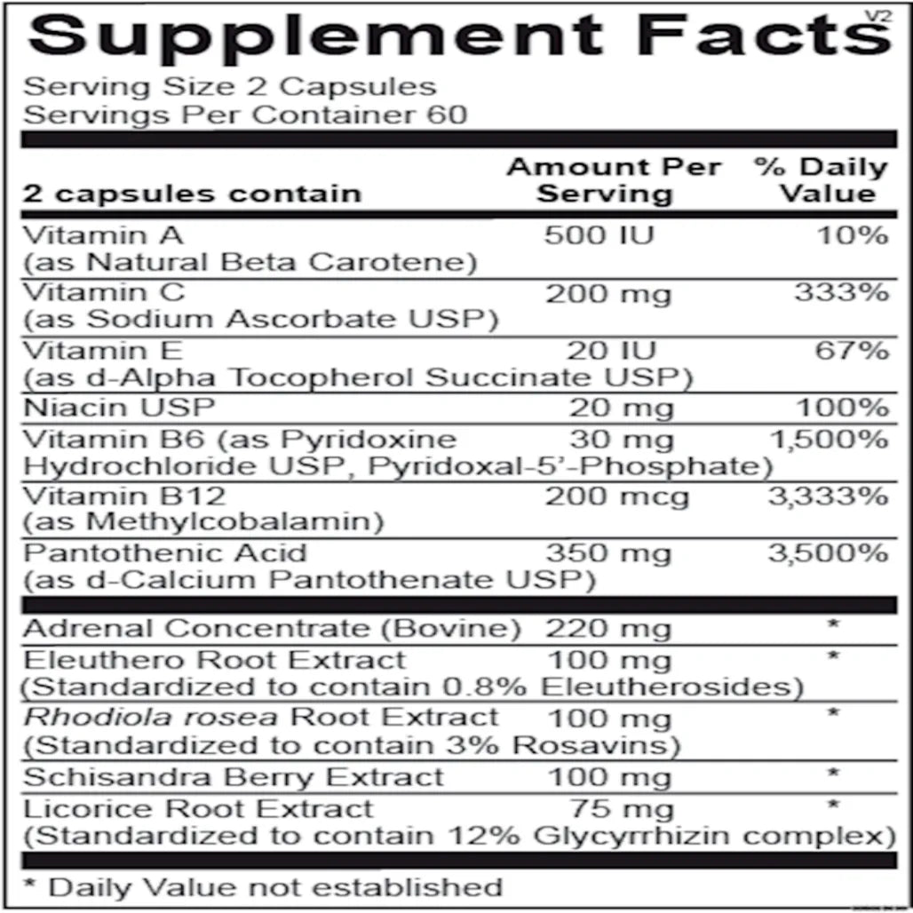 Adren All dietary supplement ingredients label – adrenal health and stress support components