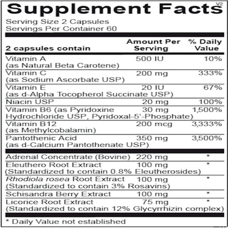 Adren All dietary supplement ingredients label – adrenal health and stress support components