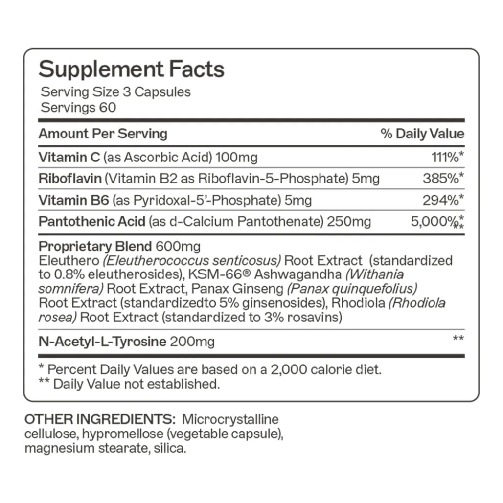 Supplement facts for Adrenal Support featuring a blend of adaptogenic herbs and nutrients like Vitamin C, Vitamin B6, and Ashwagandha to support stress response.
