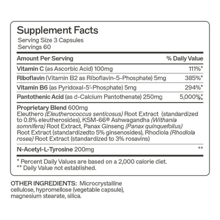 Supplement facts for Adrenal Support featuring a blend of adaptogenic herbs and nutrients like Vitamin C, Vitamin B6, and Ashwagandha to support stress response.