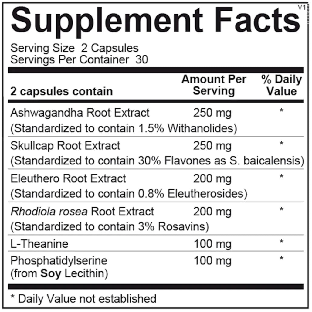 Adrene-Vive supplement facts showing key components like adaptogenic herbs and adrenal health nutrients