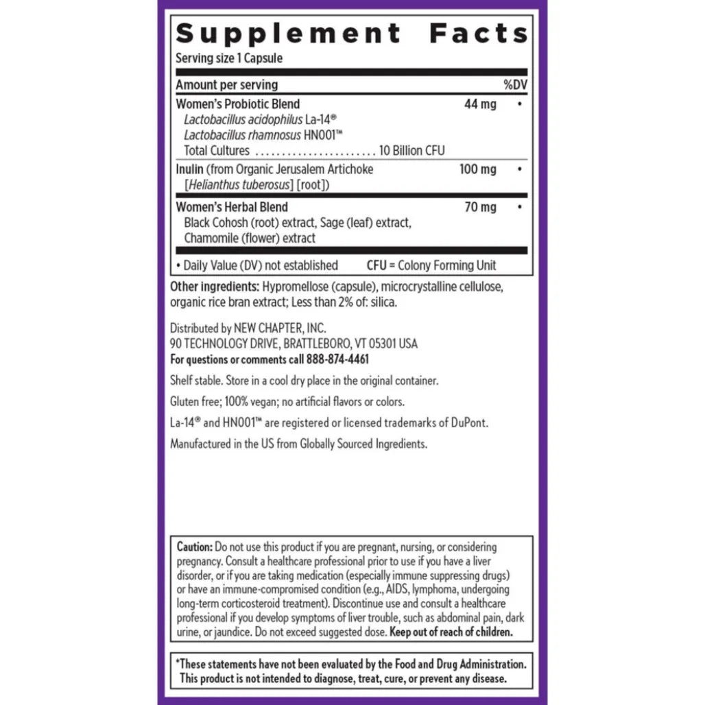 All Flora Probiotic Menopause Balance supplement facts label showing probiotics inulin and herbal ingredients