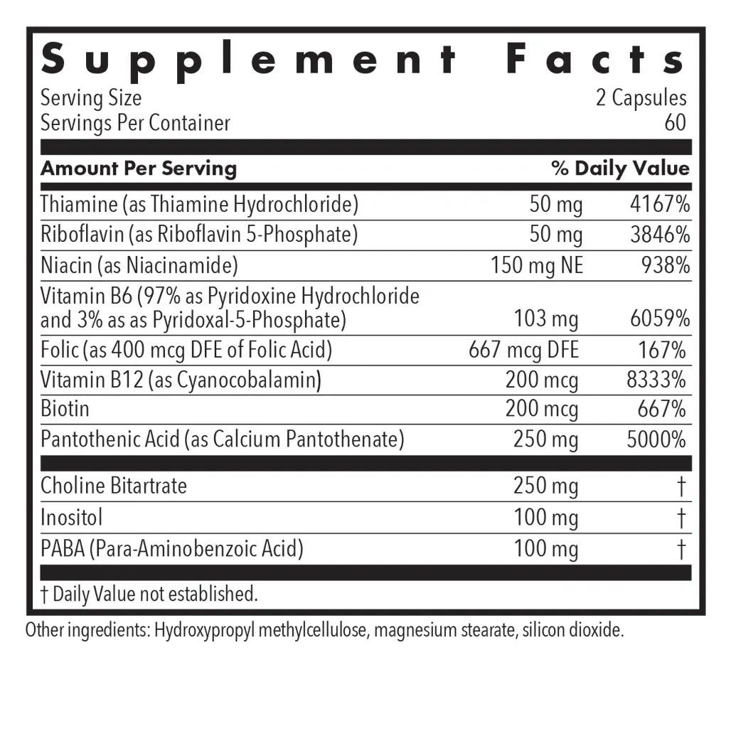 Ingredients label of Allergy Research Group Super Vitamin B Complex showing B-vitamins and formulation details for energy and metabolic support