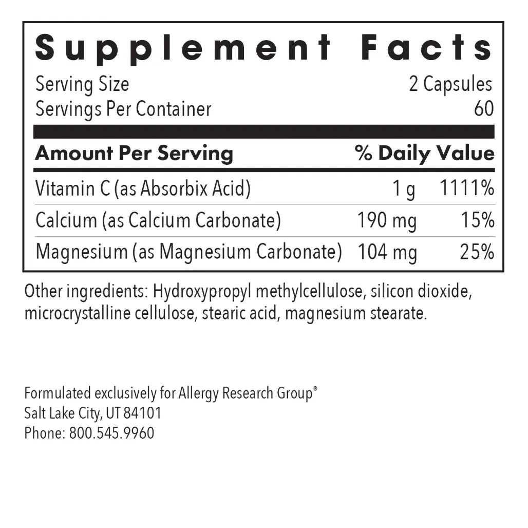 Ingredients label of Allergy Research Group buffered vitamin C capsules showing formulation details for immune support and bioavailability