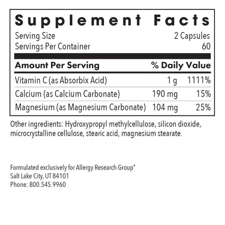 Ingredients label of Allergy Research Group buffered vitamin C capsules showing formulation details for immune support and bioavailability