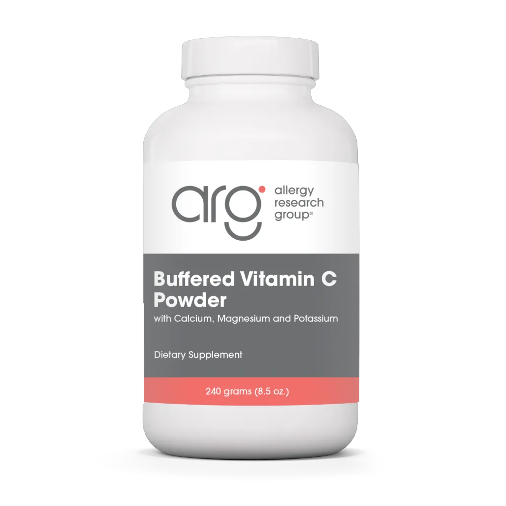 Allergy Research Group buffered vitamin C powder jar with scoop, high-quality antioxidant supplement for immune support and wellness