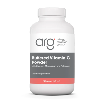Allergy Research Group buffered vitamin C powder jar with scoop, high-quality antioxidant supplement for immune support and wellness