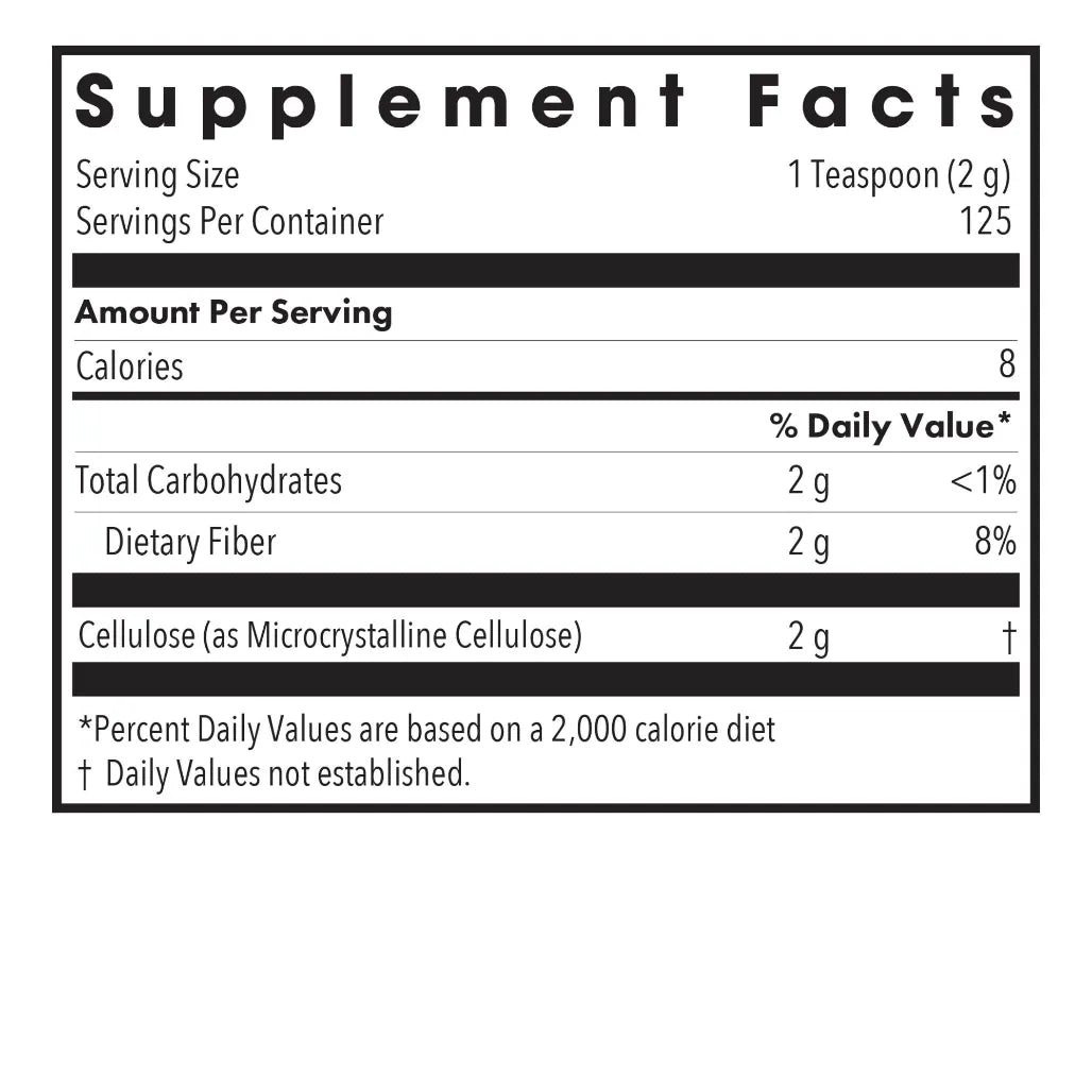 Allergy Research Group Cellulose Powder Nutrition Facts Label Showing Microcrystalline Cellulose Fiber Content per Serving