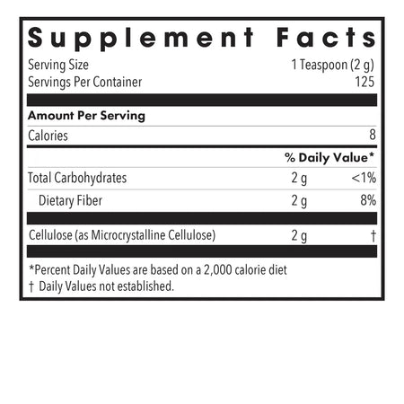 Allergy Research Group Cellulose Powder Nutrition Facts Label Showing Microcrystalline Cellulose Fiber Content per Serving