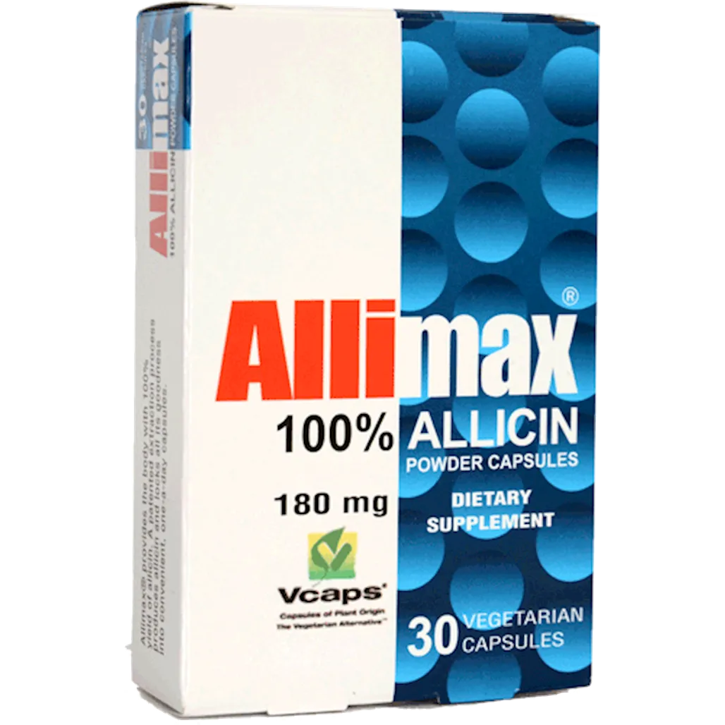 Allimax 180 mg stabilized allicin garlic extract capsules bottle – immune & cardiovascular support