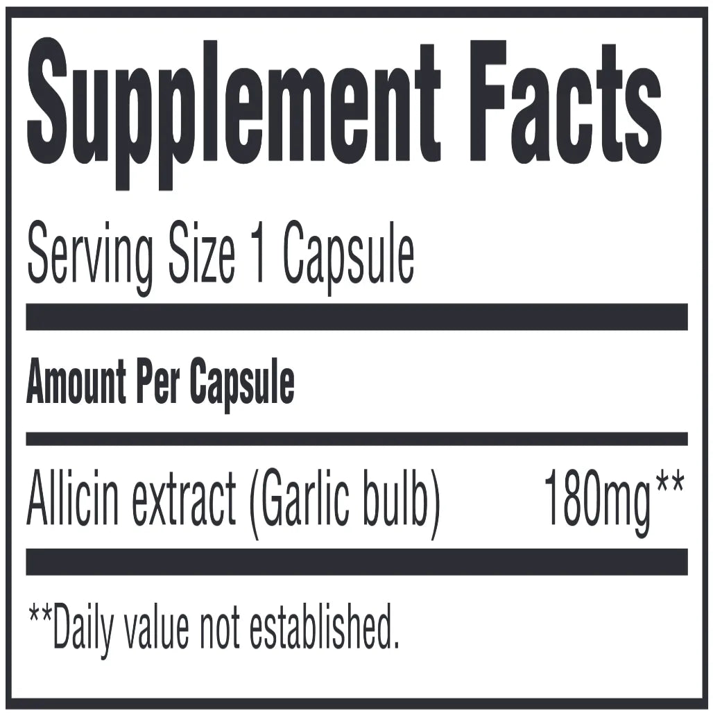 Ingredients panel for Allimax 180 mg Allimax International – stabilized allicin capsules content list