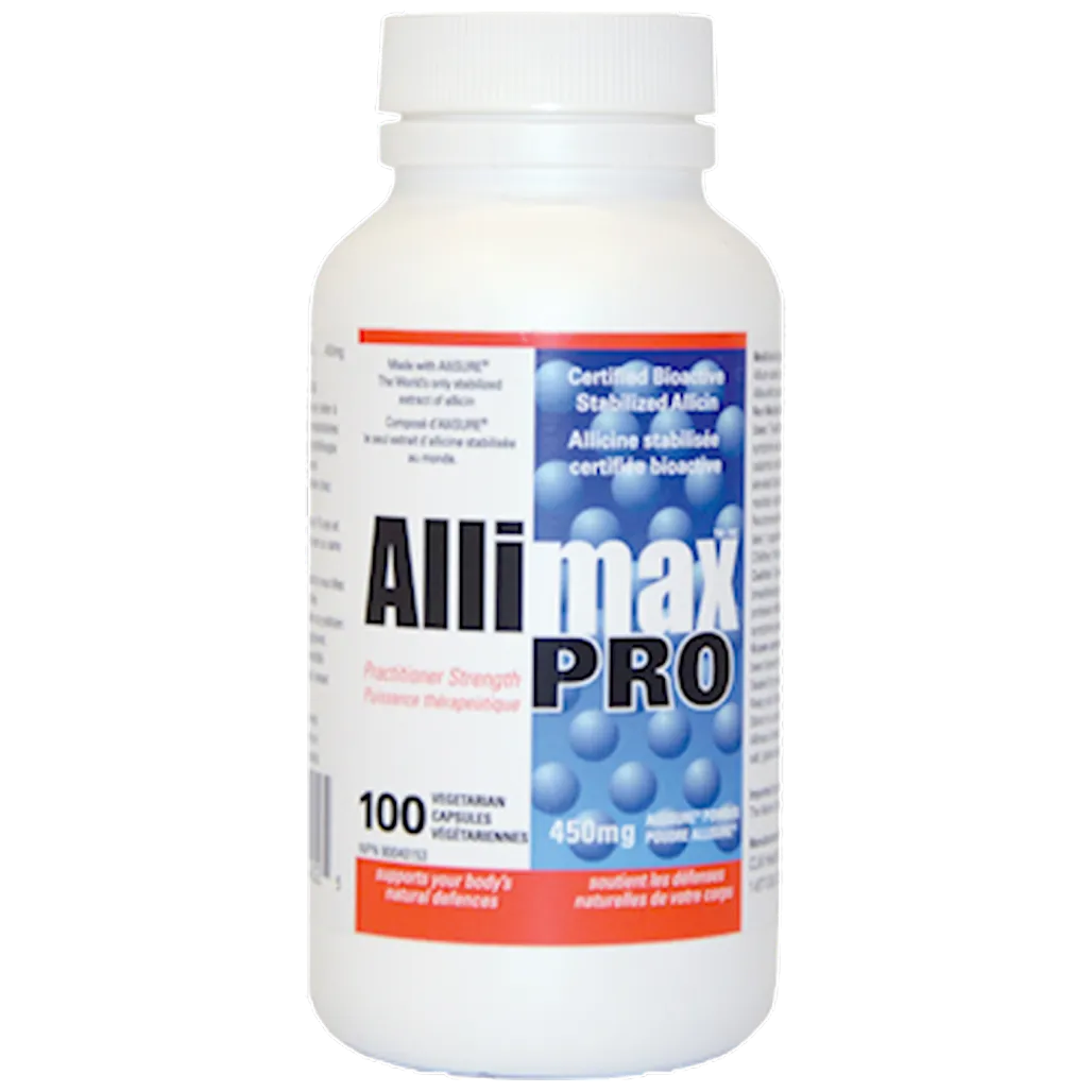 ALLIMAX PRO 450 mg bottle – high-strength stabilized allicin garlic supplement for immune support, circulation and everyday wellness.