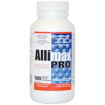 ALLIMAX PRO 450 mg bottle – high-strength stabilized allicin garlic supplement for immune support, circulation and everyday wellness.