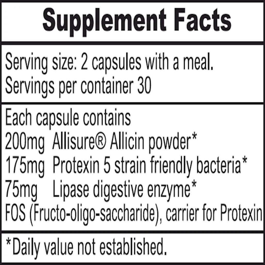 Supplement facts and ingredients for Allimax Pre Pro – gut health support with garlic allicin and probiotics