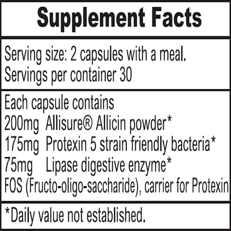 Supplement facts and ingredients for Allimax Pre Pro – gut health support with garlic allicin and probiotics