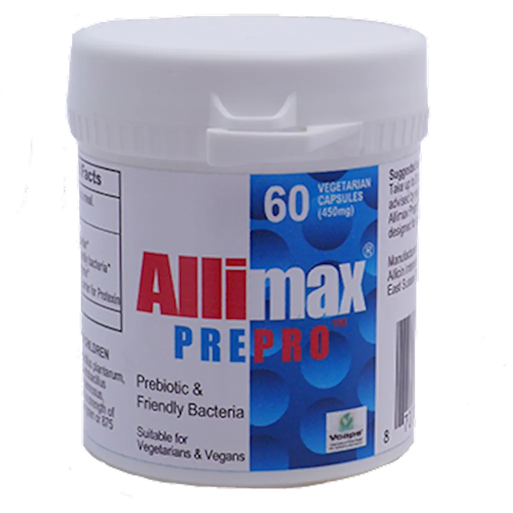 Allimax Pre Pro gut health supplement – allicin, probiotics and digestive enzyme formula bottle