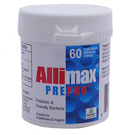 Allimax Pre Pro gut health supplement – allicin, probiotics and digestive enzyme formula bottle