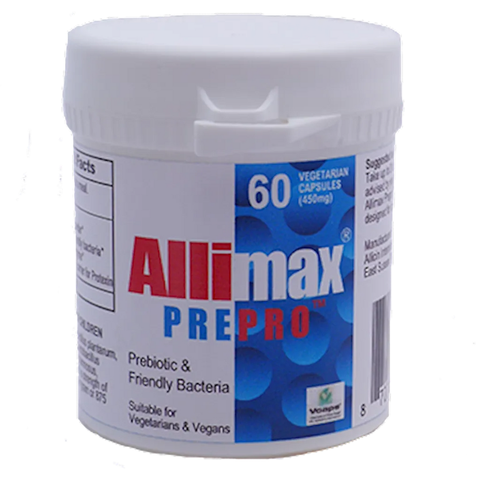 Allimax Pre Pro gut health supplement – allicin, probiotics and digestive enzyme formula bottle