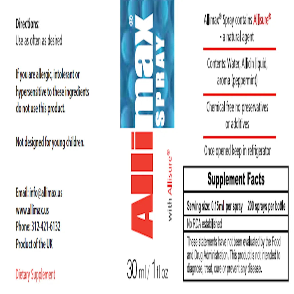 Ingredients panel for Allimax Rescue Spray by Allimax International – garlic allicin spray contents