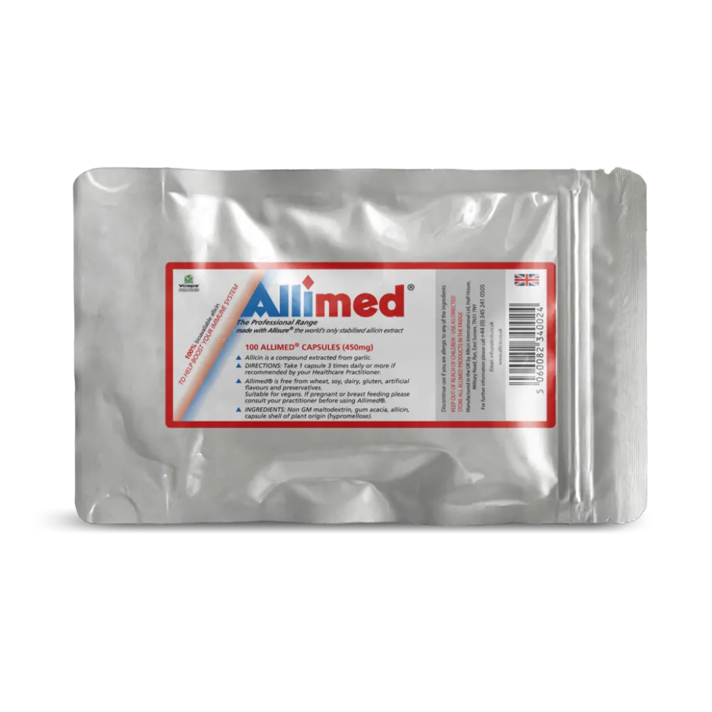 Allimed 450mg Allimax International garlic extract supplement bottle – antioxidant and immune support
