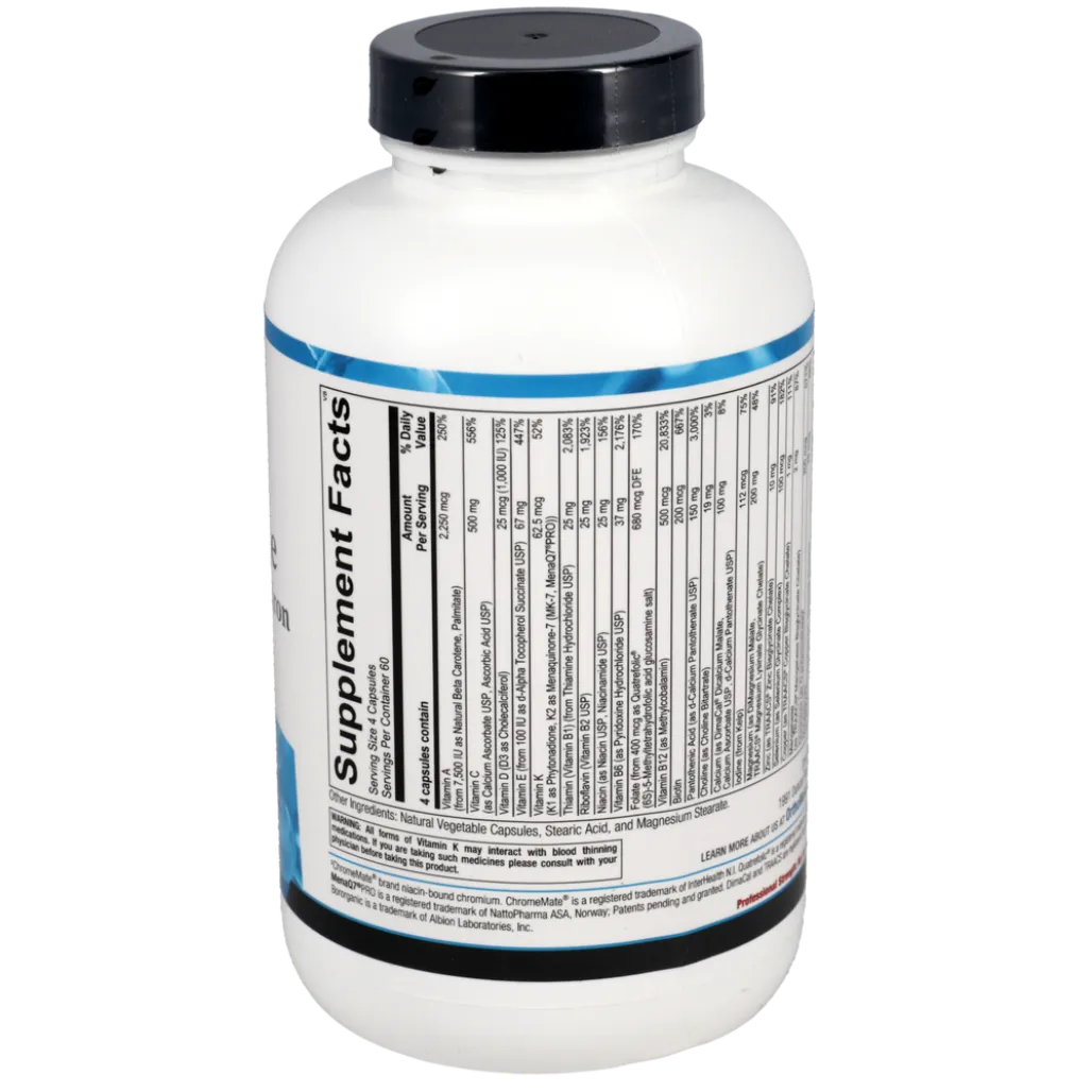 Alpha Base Capsules without Iron ingredients panel showing multivitamins, minerals and antioxidants list