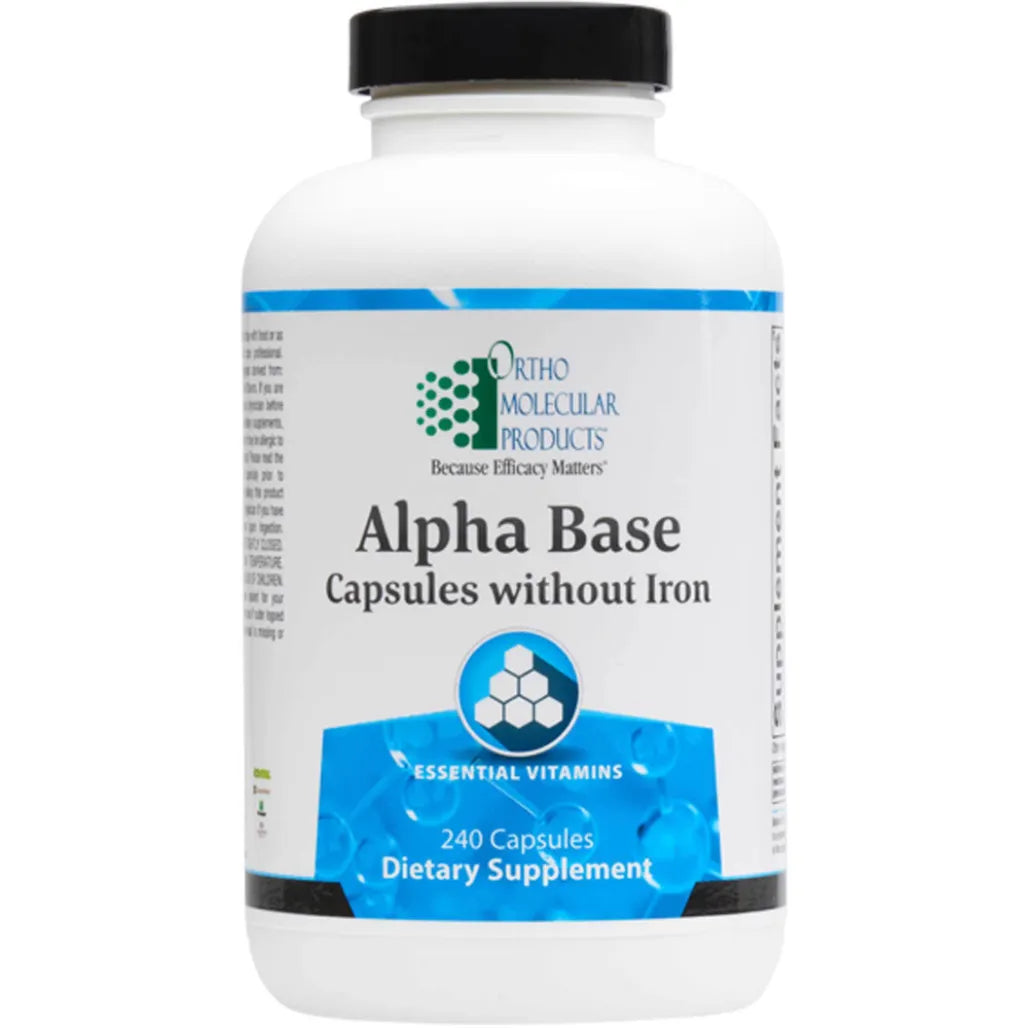 Alpha Base multivitamin without iron by Ortho Molecular Products for energy, metabolism, and immune health