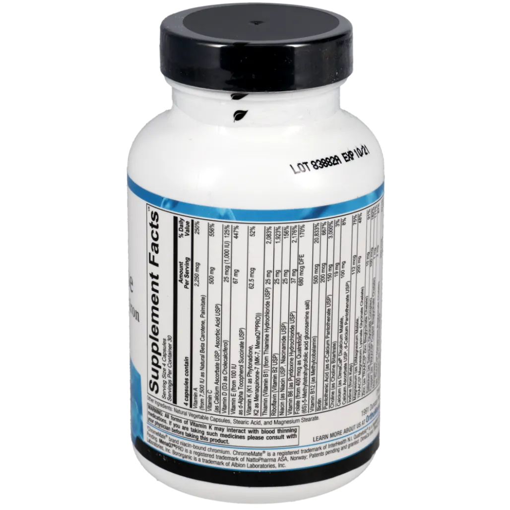 Supplement facts of Ortho Molecular Alpha Base without Iron with vitamins A, C, D3, B‑complex and minerals