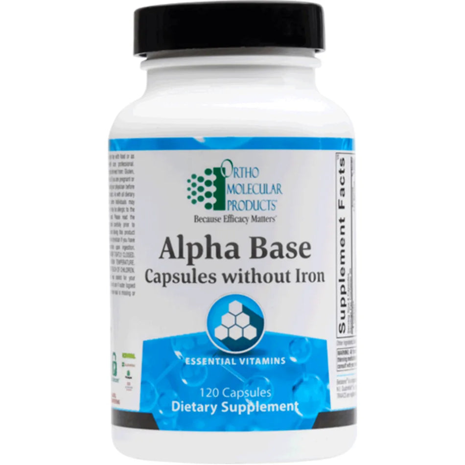 Ortho Molecular Alpha Base Capsules Without Iron multivitamin bottle for daily micronutrient and antioxidant support