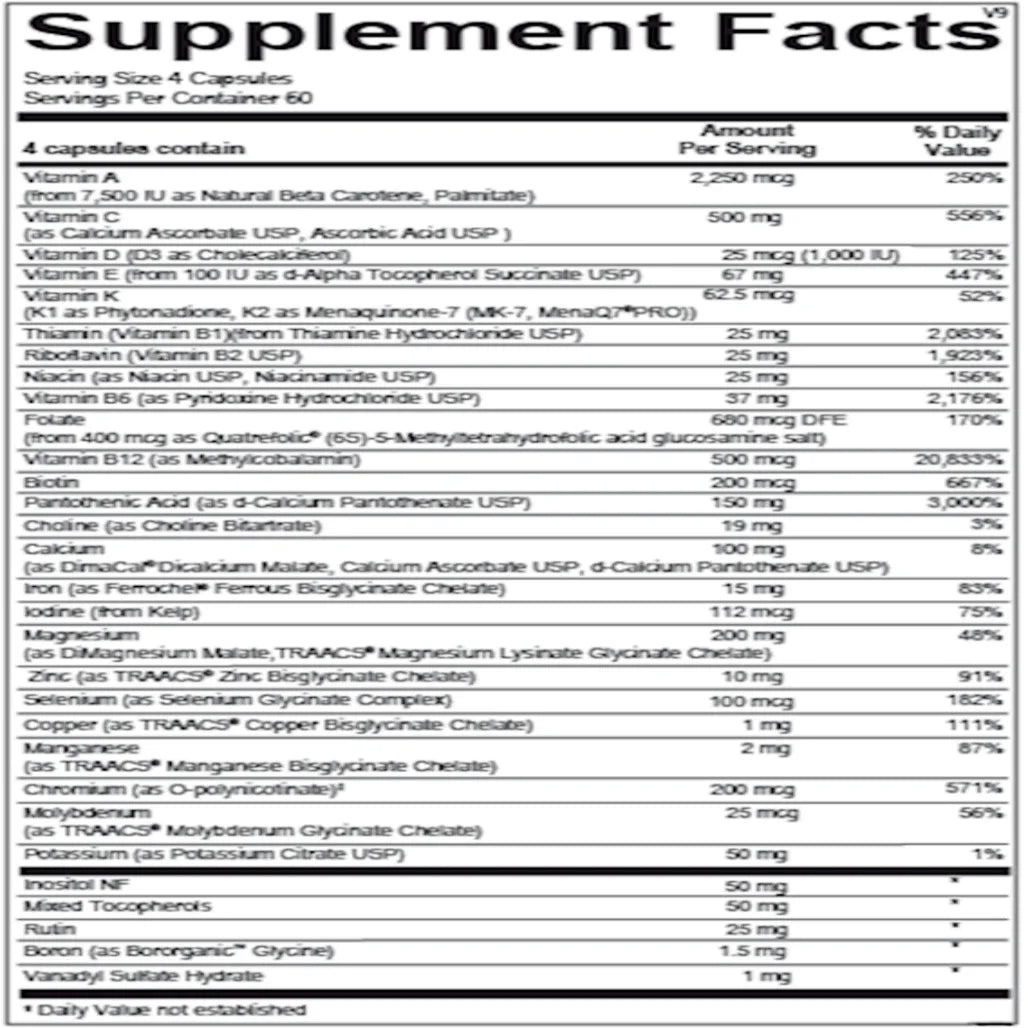 Ingredients list of Ortho Molecular Alpha Base multivitamin showing vitamin A, C, D3, B-complex, minerals