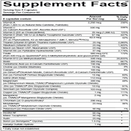 Ingredients list of Ortho Molecular Alpha Base multivitamin showing vitamin A, C, D3, B-complex, minerals