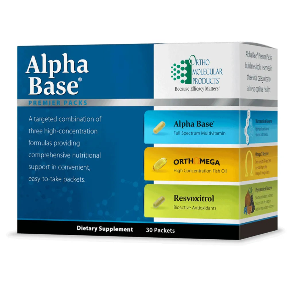 Ortho Molecular Alpha Base Premier Pack 30 packets daily nutrition supplement for vitamins, omega‑3s, antioxidants