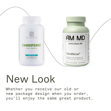 Amy Myers MD Candifense® 120-count bottle, a potent and balancing supplement designed to promote healthy microbial balance in the gut.