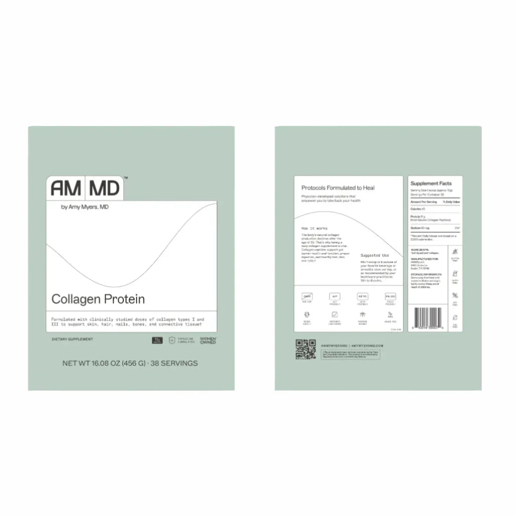 Grass-fed and pasture-raised Collagen Protein by Amy Myers MD, providing 38 servings of high-quality collagen peptides to encourage connective tissue health.