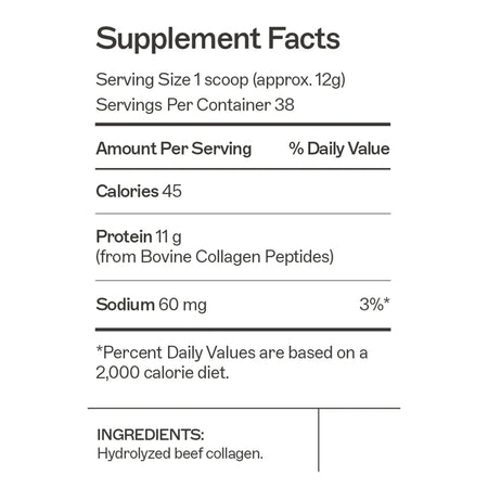 Supplement Facts for Amy Myers MD Collagen Protein, featuring 38 servings of grass-fed, pasture-raised collagen peptides per 16.08 oz (456 g) container.