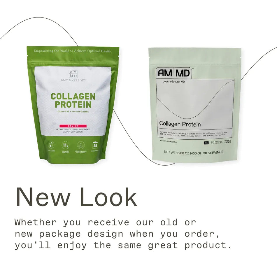 Amy Myers MD Collagen Protein, a physician-formulated grass-fed collagen powder in a 16.08 oz bag designed to support skin, hair, nails, and bone health.