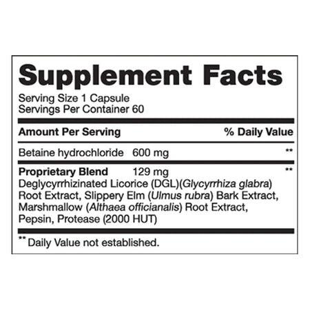 High-potency Acid Restore HCL Complete (formerly Gut Restore) providing 60 capsules of digestive support with Betaine and HCL.