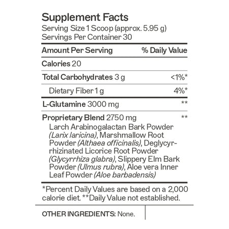 Nutritional details for Leaky Gut Revive unflavored, a 6.3 oz (178.5 g) dietary supplement designed to soothe the gut and support barrier integrity.
