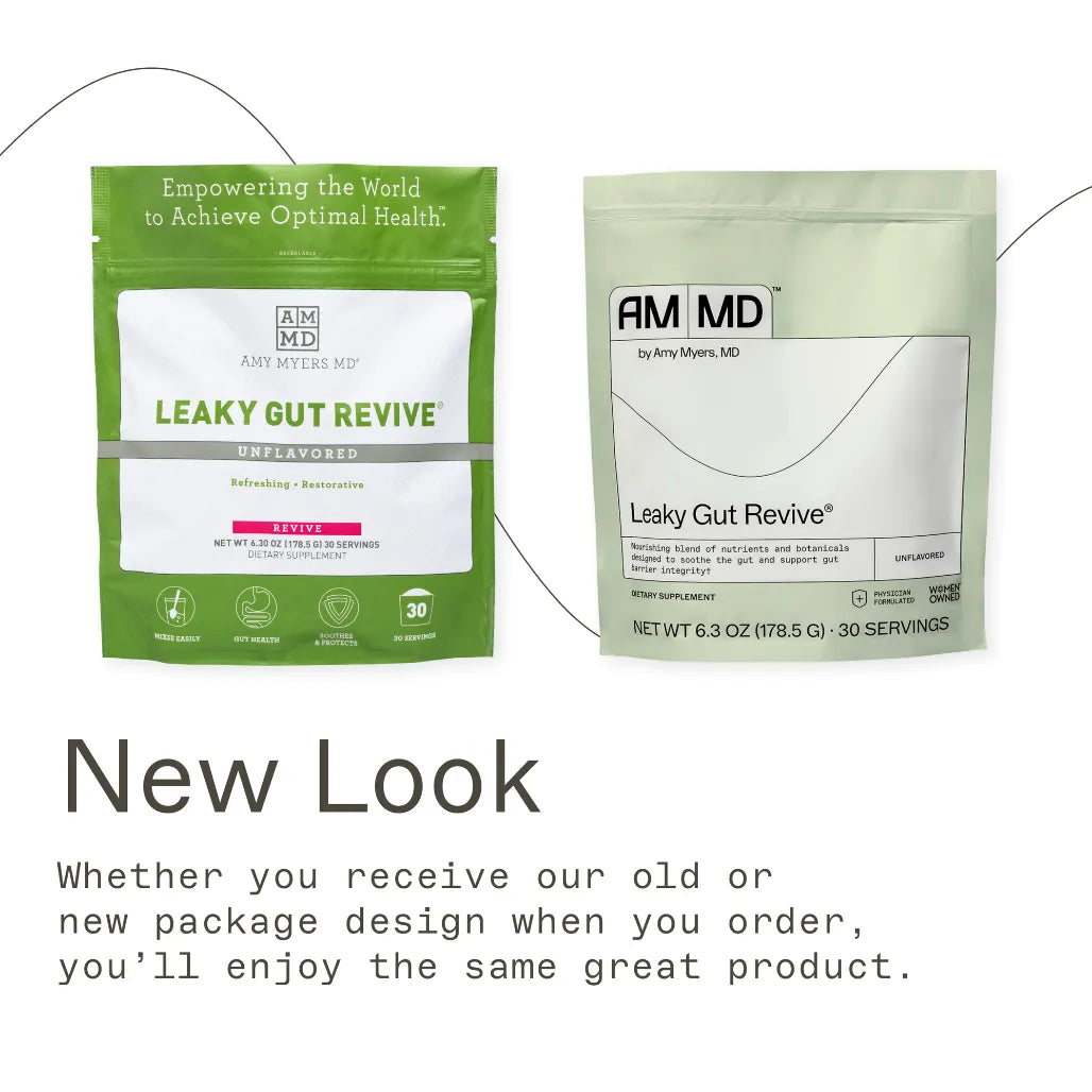 Amy Myers MD Leaky Gut Revive Unflavored, a 30-serving restorative powder in a new physician-formulated package for optimal digestive health.