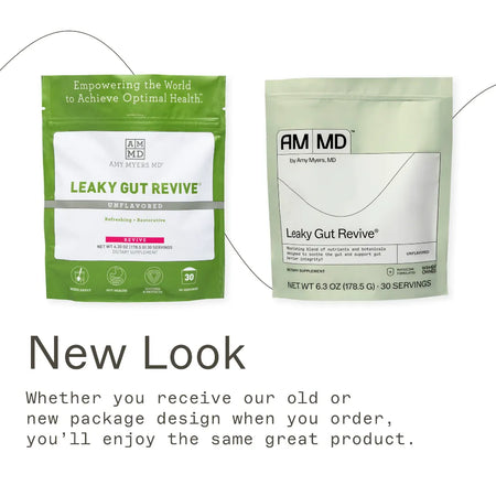 Amy Myers MD Leaky Gut Revive Unflavored, a 30-serving restorative powder in a new physician-formulated package for optimal digestive health.