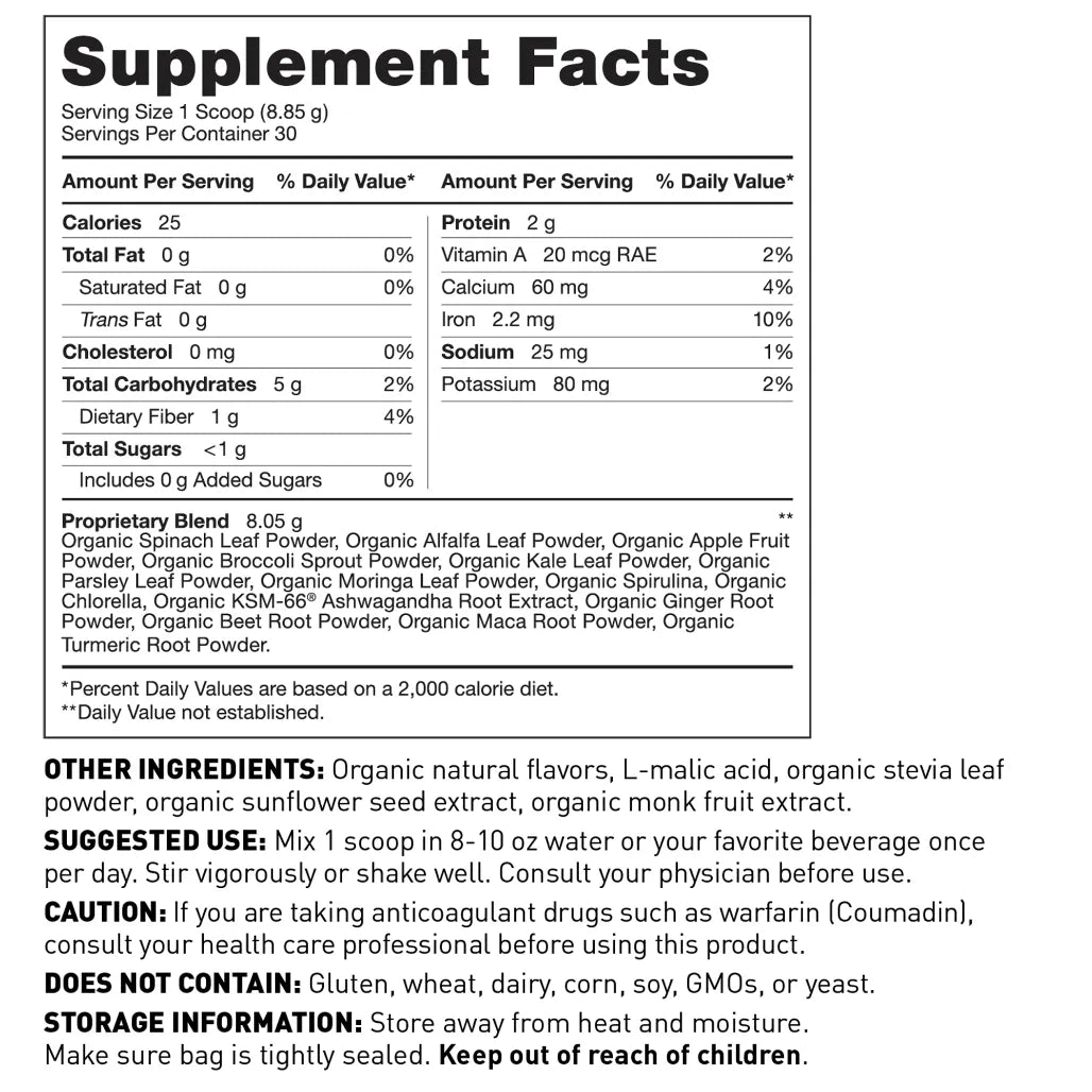 Supplement facts for Organic Greens detailing a nutrient-dense formula with organic ginger, turmeric, and beet root to support immune health.